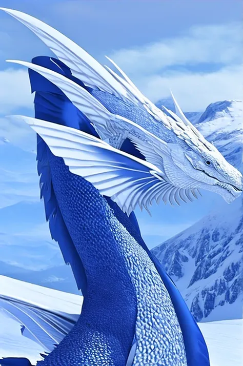 a large dragon, sharp and resistant scales, blue and white color palette, on a snowy mountain, great wings, eye white