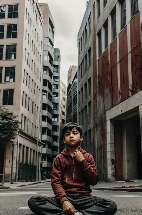 Boy sitting in front of a building with his hands full of blood 