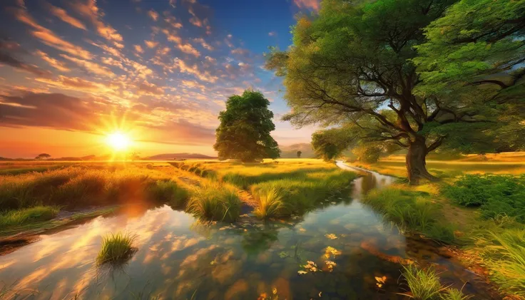 a beautiful sunset scene with a stream and trees, nature wallpaper, nature scenery, Beautiful wallpaper, beautiful backgrounds, peaceful landscape, stunning nature in the background, very very beautiful scenery, wallpaper hd, amazing wallpaper, a beautiful...