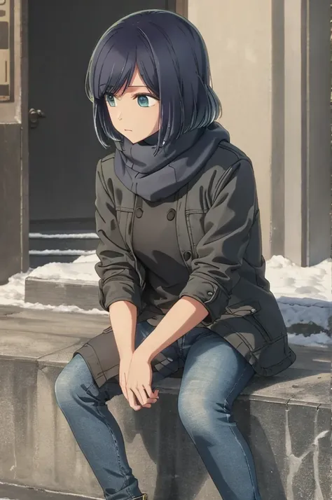 girl, jeans, black puffer jacket, scarf, street, sit, snow