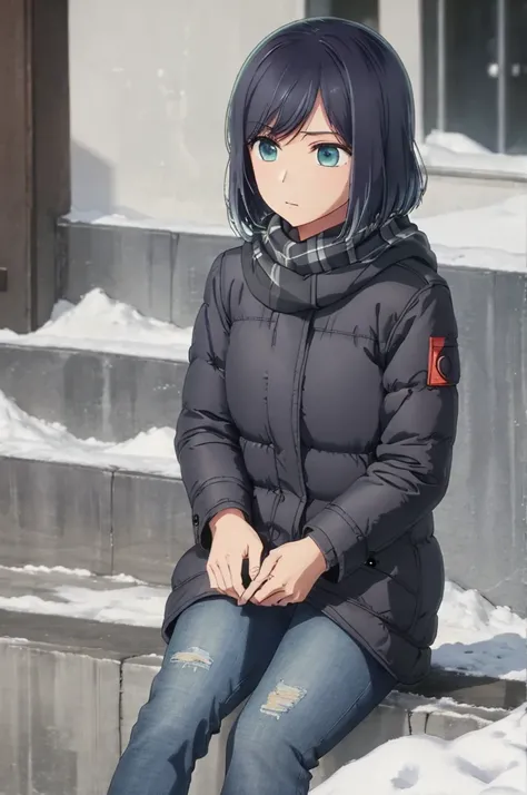 girl, jeans, black puffer jacket, scarf, street, sit, snow