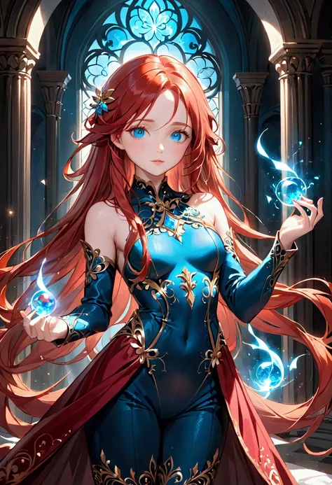 Long red hair, blue eyes, aesthetic body