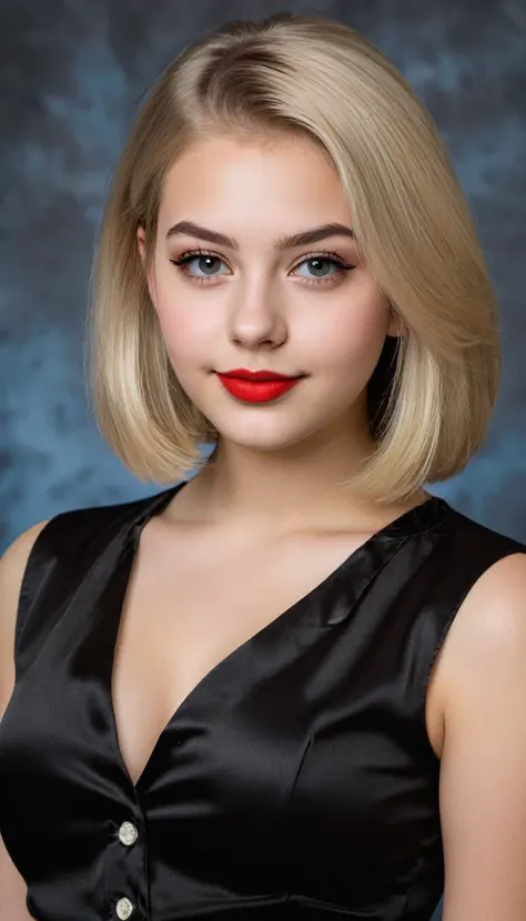 ultrarealistic high quality mugshot photo of a beautiful busty european 18-year-old teen girl with cute hyperdetailed shy happy face and shoulder length platin-blonde classic bob and long legs, realistic round eyes, red lipgloss, decent makeup with eyeline...