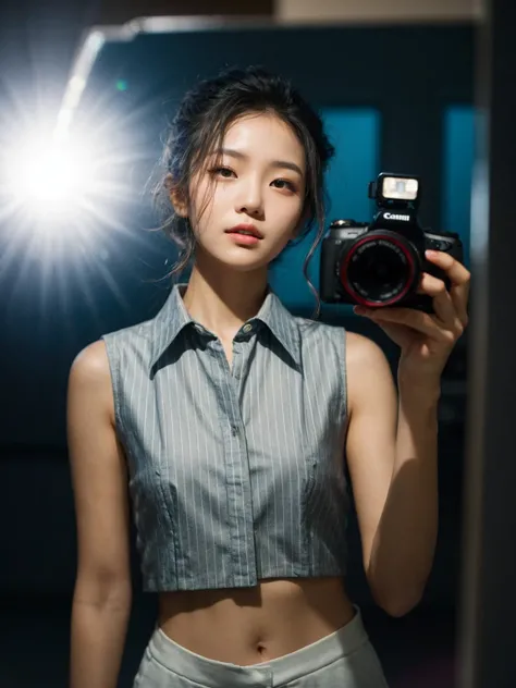 A captivating selfie of a young korean woman, taken with a Canon EOS camera, showcases her serene expression and flawless makeup. Her bright grey, vertically striped sleeveless shirt crop reveals a stunning, toned physique. The cameras flash creates a stri...