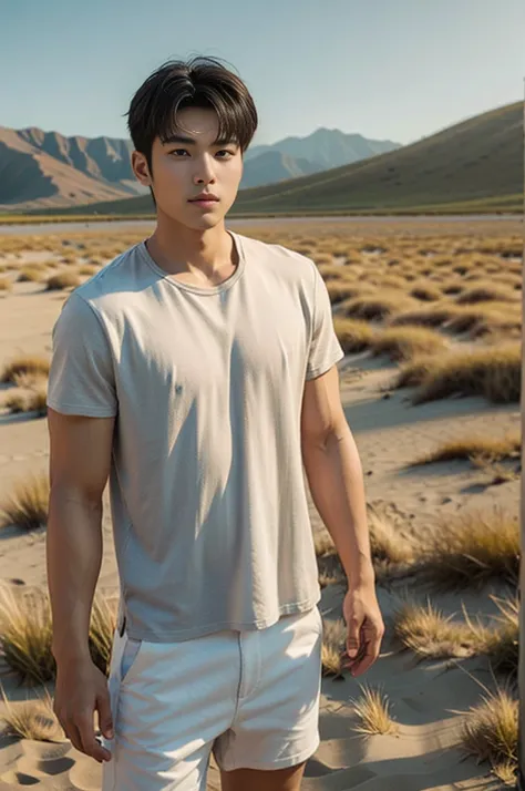 A young Asian man stands, handsome, muscular, looking at the camera. In a plain brown t-shirt, Fieldside, grass, beach, sunlight