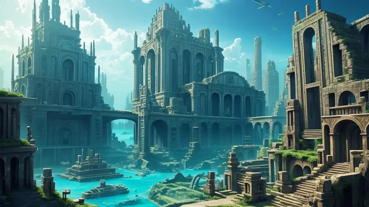 Lost City of Atlantis: Create an underwater cityscape, combining elements of ancient architecture and advanced alien technology.