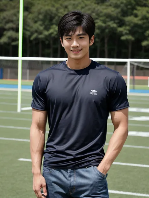 独奏: 1.5, (As a matter of fact, Masterpiece, 8k HD, good light quality, sportswear, fit the face, complicated details), A handsome Korean young man with muscular arms. , 20 years old, be happy, smile brightly, detailed face, delicate eyes, look at the sky, ...