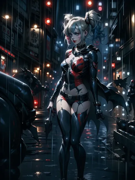 Full shot, Harley Quinn wearing the Batsuit in the heavy rain. on the streets of ghotam city in a neo city style. serious expression. walking. batman suit, batman cape flying through the air behind her. accessories related to batman and harley. overnight. ...