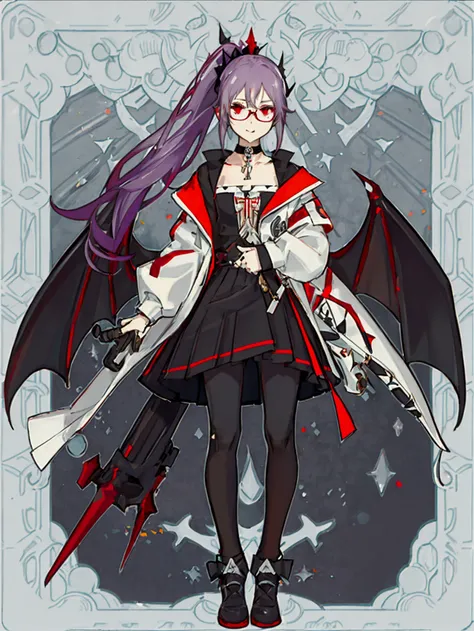 Hair: Purple hair styled into a high side ponytail on the right side with bat wing-like decorations. Eyes: Red eyes with glasses. Outfit: White jacket with black cuffs and collar, worn over an orange top. The character also has a red and black skirt with a...