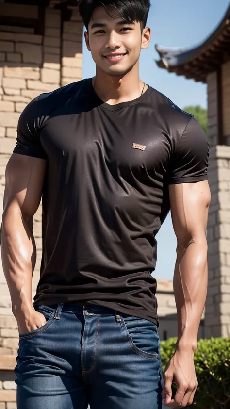 man , Brown t-shirt, jeans, black short hair , outdoor , cute smile , หน้าhandsomeแบบเกาหลีสมจริง , modest muscles , Masterpiece、High resolution、Surreal、detailed face、alone、man、Glowing skin、(Asia)、handsome、tall building background