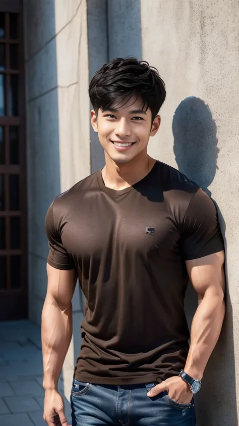 man , Brown t-shirt, jeans, black short hair , outdoor , cute smile , หน้าhandsomeแบบเกาหลีสมจริง , modest muscles , Masterpiece、High resolution、Surreal、detailed face、alone、man、Glowing skin、(Asia)、handsome、tall building background