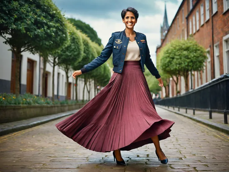 Naga Munchetty, A smiling, authentic, (shy:1,3), kind, beautiful woman, is passionately in love with her skirt, wind wildly lifts her skirt, wearing uniform jacket and very, very detailed (long (fully pleated) full circle skirt) and (low heeled court shoes...