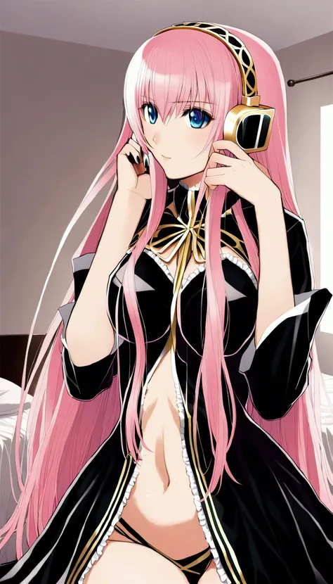 Beautiful adult woman ,Megurine Luka,Megurine Lukaの公式衣装,headphone,Black costume with gold decoration,Pink long hair,blue eyes,Bedroom