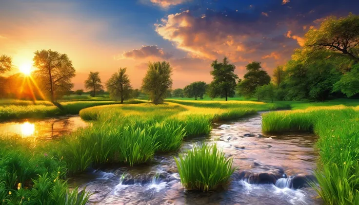 a beautiful sunset scene with a stream and trees, nature wallpaper, nature scenery, Beautiful wallpaper, beautiful backgrounds, peaceful landscape, stunning nature in the background, very very beautiful scenery, wallpaper hd, amazing wallpaper, a beautiful...