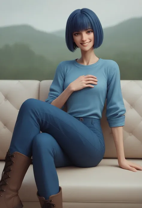 girl, dark-blue hair, bob hair cut, sky-blue shirt, rolled up sleeves, dark-blue pants, brown hiker boots, circular head, cartoon art style, 3d, smile, looking at viewer, slender body, slender limbs, sitting crossed legs, couch, skinny