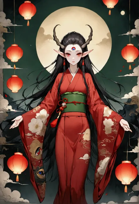 Art Illustration，Dark Style，(((1 Boy，独奏，third eye on the forehead，Elf ears))),(((Gorgeous Japanese red kimono：1.6，Eye Diagram，Dark Pattern))).(((Thin waist，Greenbelt：1.37)))whole body，Many paper lanterns in the sky，Kongming Lantern