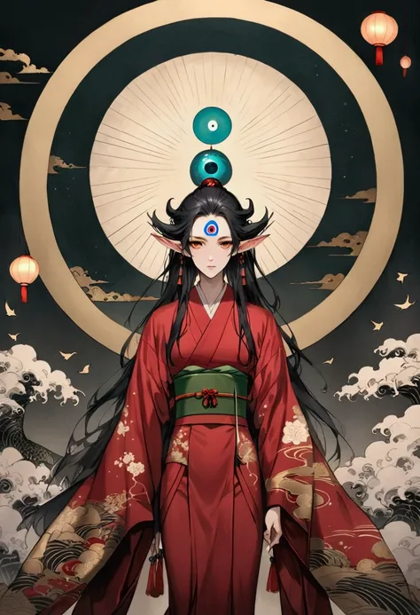 Art Illustration，Dark Style，(((1 Boy，独奏，third eye on the forehead，Elf ears))),(((Gorgeous Japanese red kimono：1.6，Eye Diagram，Dark Pattern))).(((Thin waist，Greenbelt：1.37)))whole body，Many paper lanterns in the sky，Kongming Lantern