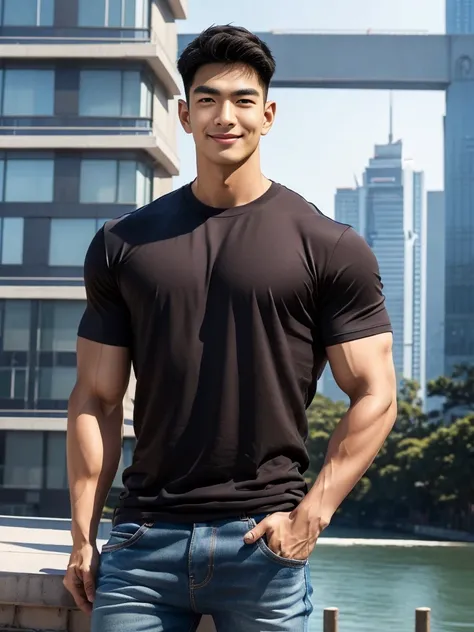 man , Brown t-shirt, jeans, black short hair , outdoor , cute smile , หน้าhandsomeแบบเกาหลีสมจริง , modest muscles , Masterpiece、High resolution、Surreal、detailed face、alone、man、Glowing skin、(Asia)、handsome、(tall building background:1.5)