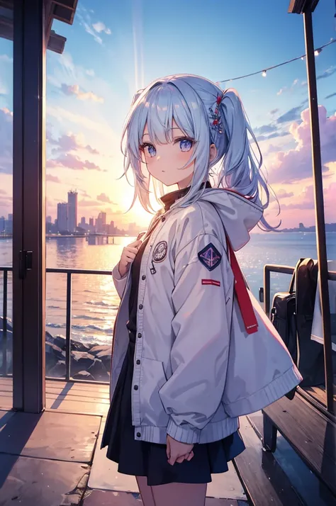 master part, top-notch quality, 4K Ultra HD, apresentando Gawr Gura de Hololive, in a white varsity jacket, posar para uma foto. Arte inspirada no estilo de Guweiz, arte de anime digital detalhada, flawless artwork, in a city with beautiful trees, with a p...