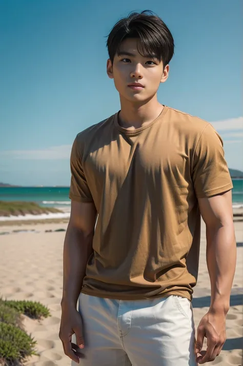 A young Asian man stands, handsome, muscular, looking at the camera. In a plain brown t-shirt, Fieldside, grass, beach, sunlight