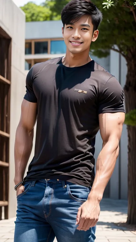 man , Brown t-shirt, jeans, black short hair , outdoor , cute smile , หน้าhandsomeแบบเกาหลีสมจริง , modest muscles , Masterpiece、High resolution、Surreal、detailed face、alone、man、Glowing skin、(Asia)、handsome、tall building background