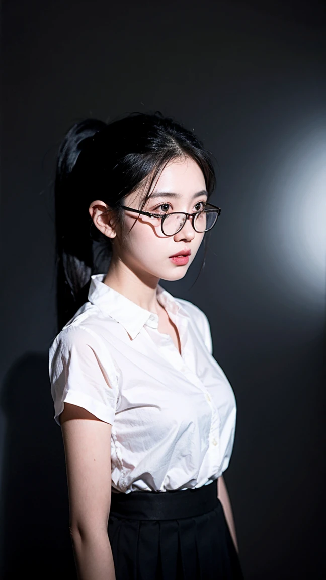 ((best quality)), ((Masterpiece)), (details), perfect face, beautiful body, beautiful face, Teen Girls, perfect body, detailsสูงเป็นพิเศษ, Optical Realism, Intimate atmosphere, light flows, Straight black hair, ponytail, glasses, wear office clothes, black...