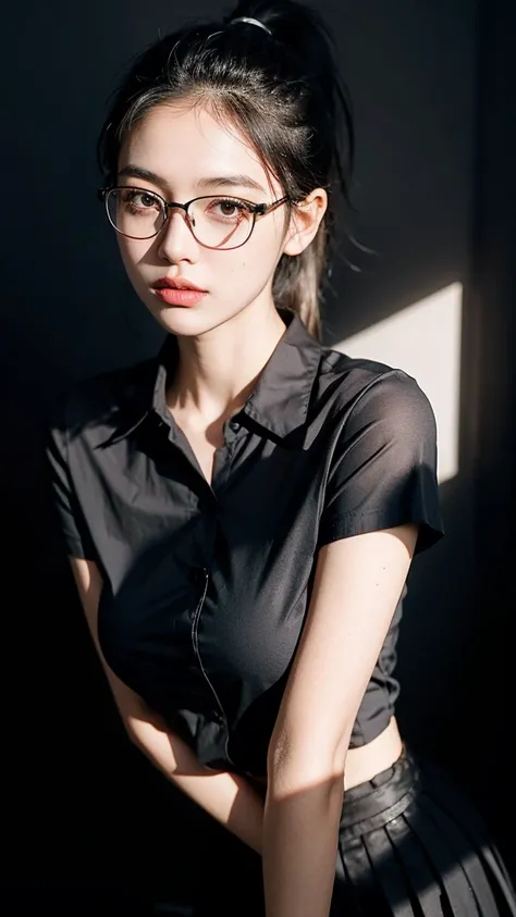 ((best quality)), ((Masterpiece)), (details), perfect face, beautiful body, beautiful face, Teen Girls, perfect body, detailsสูงเป็นพิเศษ, Optical Realism, Intimate atmosphere, light flows, Straight black hair, ponytail, glasses, wear office clothes, black...