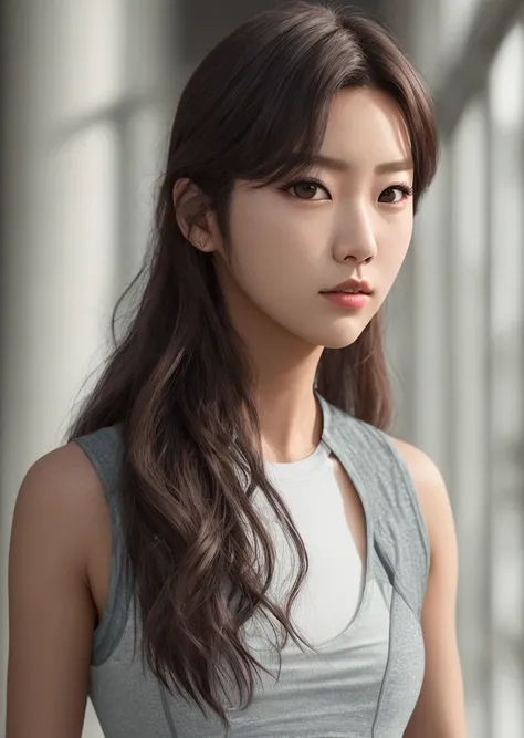 Natural photography of Seolhyun (KPop star), wearing fitness clothes, flowing hair, normal bust, showing bust, locks eyes into the camera, symmetrical eyes, symmetrical face, photorealistic, photography, path tracing, specular lighting, volumetric face lig...