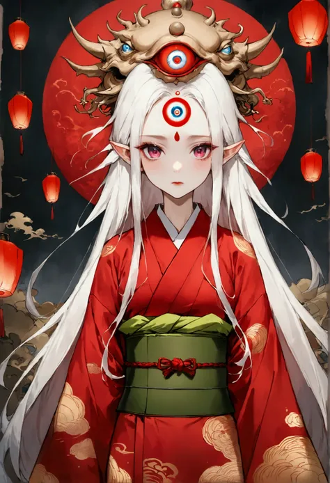 Art Illustration，Dark Style，(((Little Dragon Girl，独奏，third eye on the forehead，White long hair - long hair))),(((Gorgeous Japanese red kimono：1.6，Eye Diagram，Dark Pattern))).(((Thin waist，Greenbelt：1.37)))whole body，Paper lanterns in the sky，Kongming Lante...