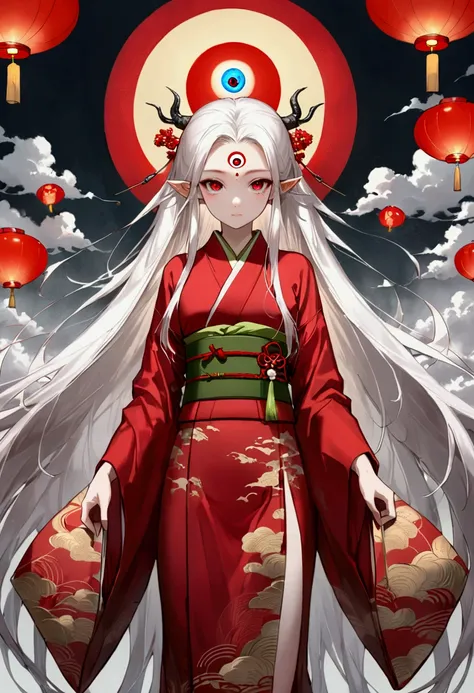 Art Illustration，Dark Style，(((Little Dragon Girl，独奏，third eye on the forehead，White long hair - long hair))),(((Gorgeous Japanese red kimono：1.6，Eye Diagram，Dark Pattern))).(((Thin waist，Greenbelt：1.37)))whole body，Paper lanterns in the sky，Kongming Lante...