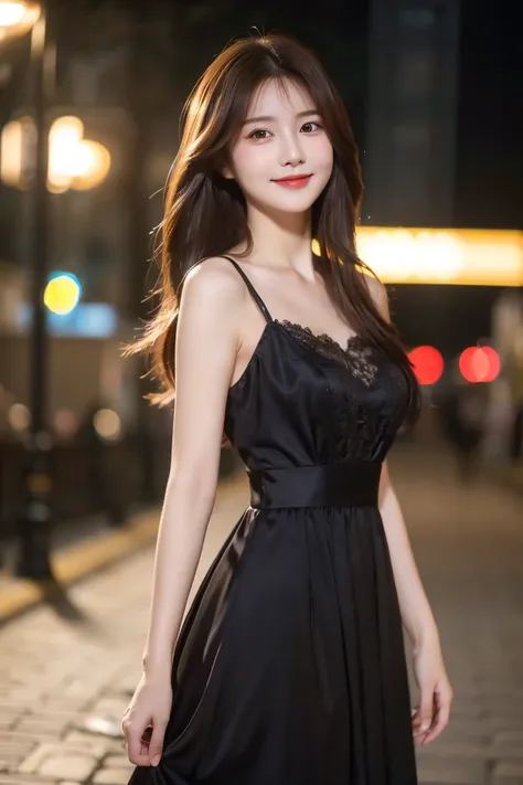 ((best quality, 8k, masterpiece :1.3)), 1 girl, smiling, whole body, face slimming, pretty woman, (dark brown hair), full length...