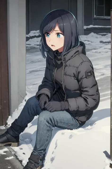 girl, jeans, black puffer jacket, black gloves, street, scared, snow, sit