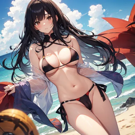 NSFW, (((Uncensored))), (((Clear picture))). high image quality, high resolution, 18 year old beautiful girl、shiny black hair、Hime cut、Brown eyes, dark eyebrows, J-cup huge breasts、172cm tall、tightened waist,、red bikini, sexy pose, Sandy Beach、Blue sky