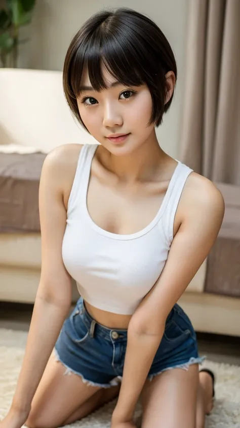 ((Highest quality)), ((masterpiece)), (detailed), There is a woman with short hair wearing a white tank top., Short Hair, Chiho, Yoshitomo Nara, 8K Selfie, Hime cut, Ayaka, With a cute - lovely - face, 白Hime cutヘアスタイル, Girl cute beautiful face, Dilraba Dil...