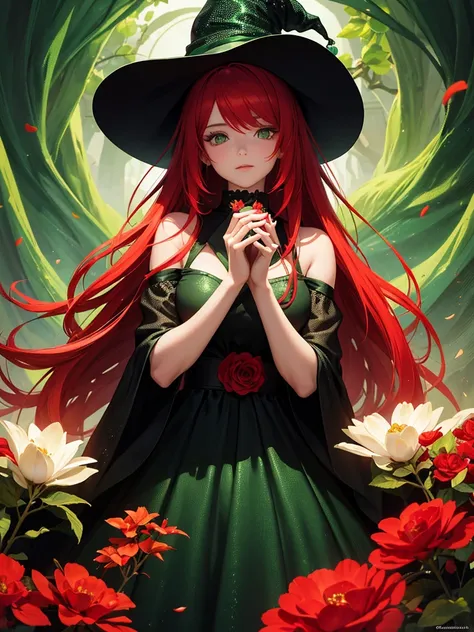 A girl with bright long red hair and green eyes. She holds green magic in her hands and creates blooming flowers from her hands. She is wearing a black sequined dress and has witch hats on her head. Environment, magic room