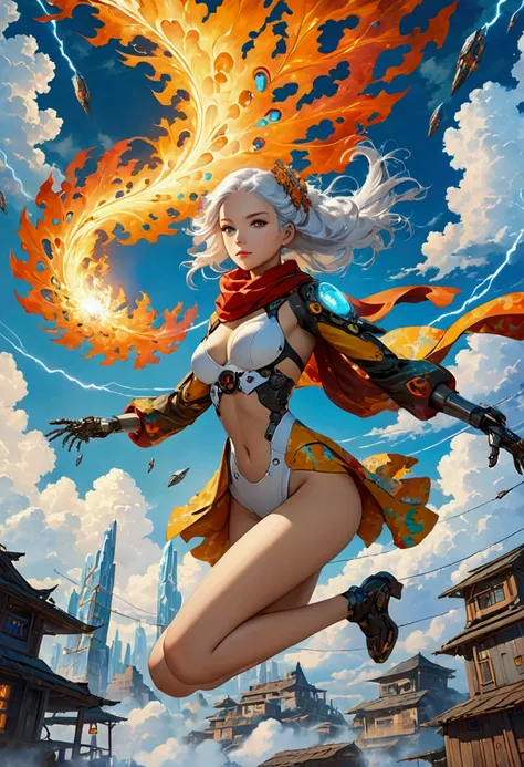 A beautiful girl wearing a cyberpunk-style mecha flying in the sky, cape, scarf, Long legs, Long white hair,Hair accessories, electricity，flame，ice，gem，cloud, Metal Material，Wood texture, Depth of Field, Blurred background,A fusion of aesthetics and dynami...