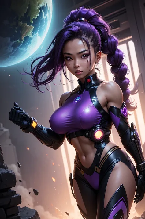 A beautiful, exuberant and very young cybernetic android warrior with black African and oriental Japanese and Chinese features, mixed with the clone of the Greek goddess Athena, with giant breasts, purple eyes, transformed into a super sensual and extremel...