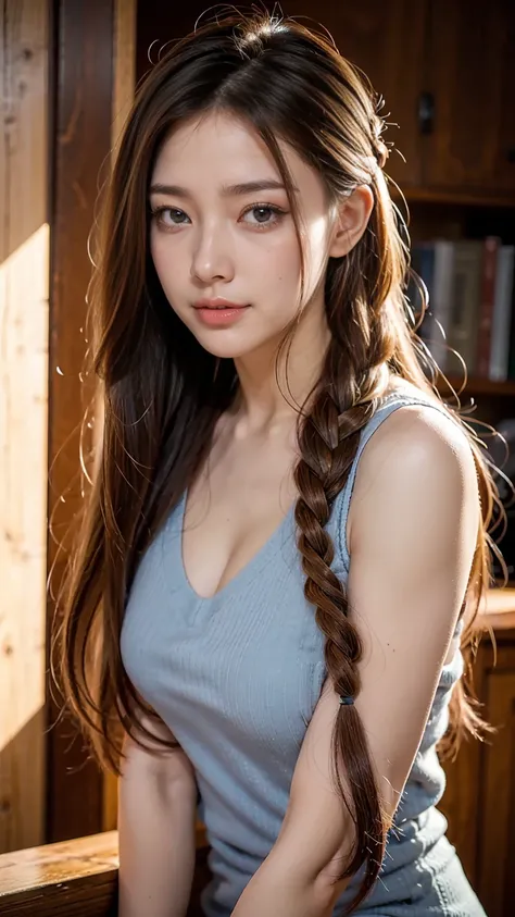 25-year-old Caucasian female、Dark Blonde、blue eyes、Long Hair、Hair set、Her hair is loosely braided、It&#39;s about shoulder-length.、smile、Wrist Accessories、A slim but well-proportioned muscular body、smile、Large Breasts、Wear a dress、Wear a cardigan over a jac...