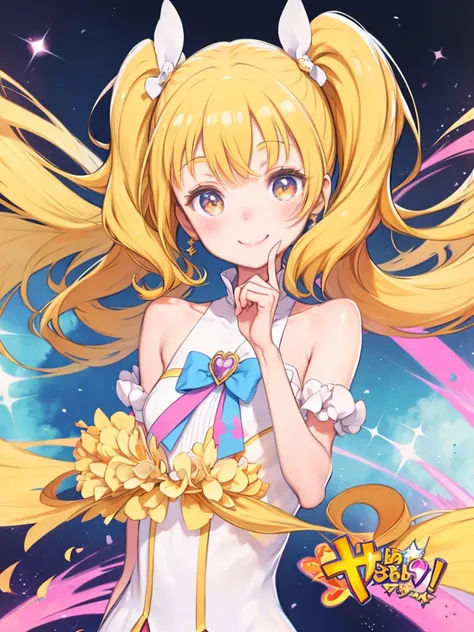 One Girl、Pretty Cure、Cure Sunshine、smile、Upper Body、Shining Background、Blonde、Twin tails、Pointed hairstyle、Golden Eyes、