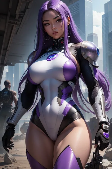 A beautiful, exuberant and very young cybernetic android warrior with black African and oriental Japanese and Chinese features, mixed with the clone of the Greek goddess Athena, with giant breasts, purple eyes, transformed into a super sensual and extremel...