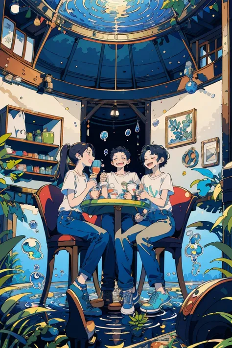 (masterpiece:1.2), highest quality,pixiv, 
fairytale style, multiple women, 4 people, short sleeve, sitting, close your eyes, ch...