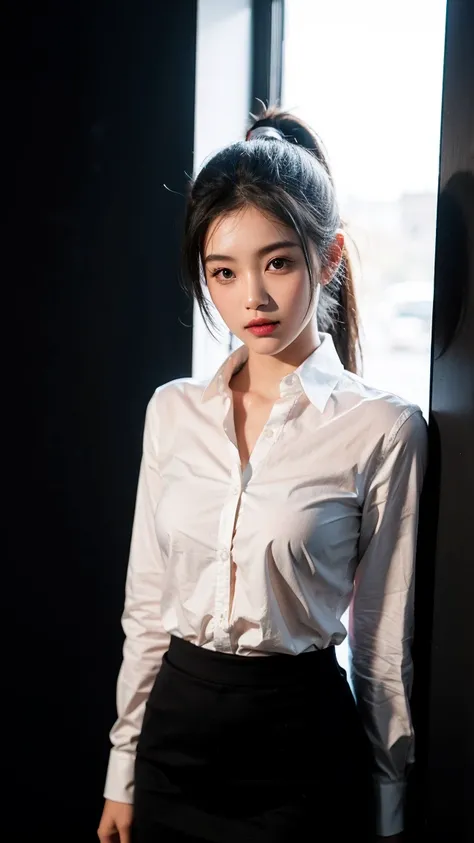 ((best quality)), ((Masterpiece)), (details), perfect face, beautiful body, beautiful face, Teen Girls, perfect body, detailsสูงเป็นพิเศษ, Optical Realism, Intimate atmosphere, light flows, Straight black hair, ponytail, Wear black office clothes, black sk...