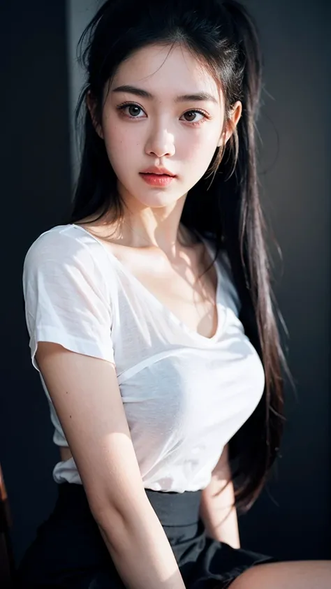 ((best quality)), ((Masterpiece)), (details), perfect face, beautiful body, beautiful face, Teen Girls, perfect body, detailsสูงเป็นพิเศษ, Optical Realism, Intimate atmosphere, light flows, Straight black hair, ponytail, Wear black office clothes, black sk...