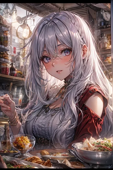 a highly detailed, photorealistic 8K image of a beautiful young woman with long, curvy, messy silver hair and ruby eyes, set in a fantasy bistro scene, award winning, high resolution