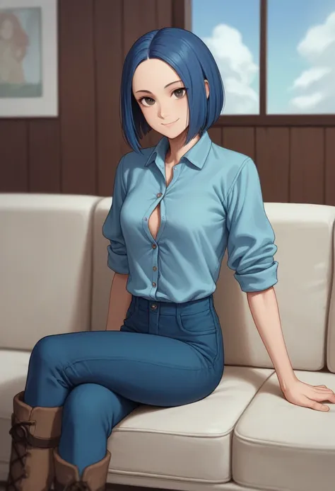 girl, dark-blue hair, bob hair cut, sky-blue shirt, rolled up sleeves, dark-blue pants, brown hiker boots, circular head, cartoon art style, 3d, smile, looking at viewer, slender body, slender limbs, sitting crossed legs, couch, skinny, button shirt, untuc...