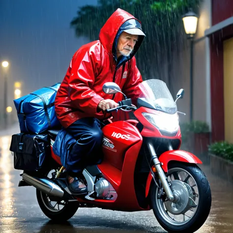 motorcycle courier, delivery, rain, sad, night, bag, inss, retirement, elderly man on the motorcycle, work, red ifoos outfit