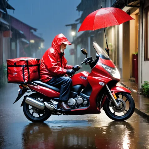 motorcycle courier, delivery, rain, sad, night, bag, inss, retirement, elderly man on the motorcycle, work, red ifoos outfit