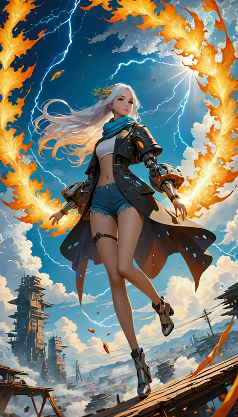 A beautiful girl wearing a cyberpunk-style mecha flying in the sky, cape, scarf, Long legs, Long white hair,Hair accessories, electricity，flame，ice，gem，cloud, Metal Material，Wood texture, Depth of Field, Blurred background,A fusion of aesthetics and dynami...