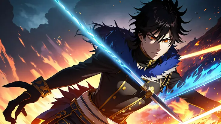 a powerful anime-style character with spiky black hair, intense expression, and wielding an anti-magic sword, training in a lush...