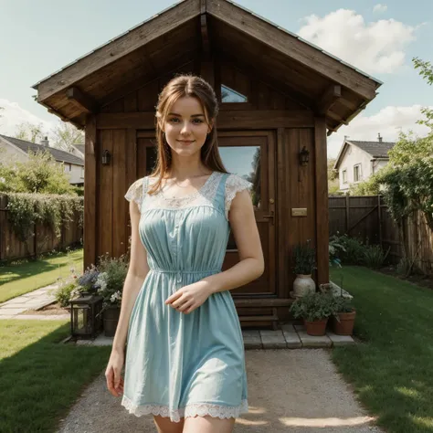 best quality)),((masterpiece)),((realistic)),(detailed), beautiful Irish woman, 26 years old, traditional looking, sexy, loving, (looking into the camera) , wearing a short house dress, house backyard, daylight, slightly smiling, standing, capture to thigh...